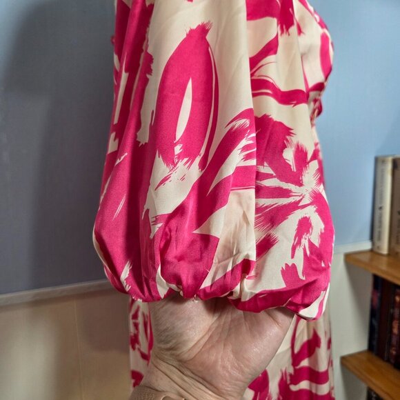 She + Sky Medium Hot Pink White Floral V Neck Balloon Sleeve Knee Length Dress - Picture 5 of 11